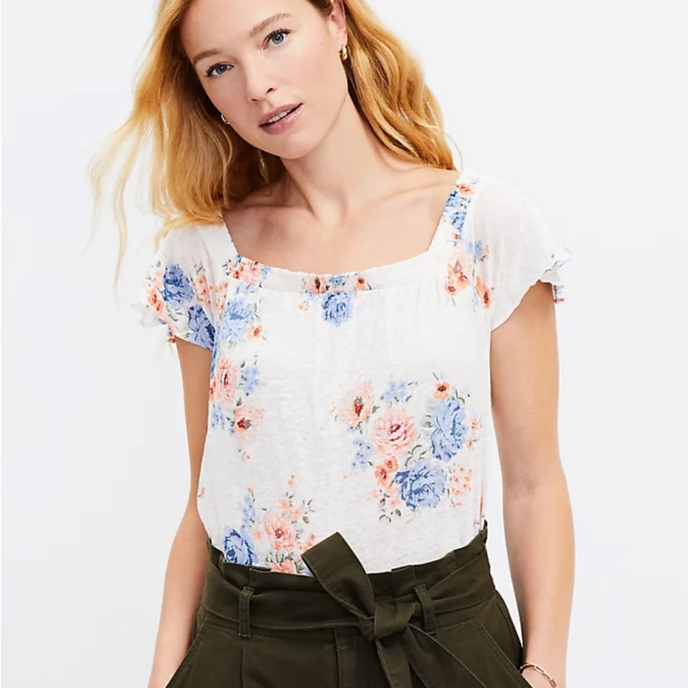 Loft Linen Smocked Square Neck Top